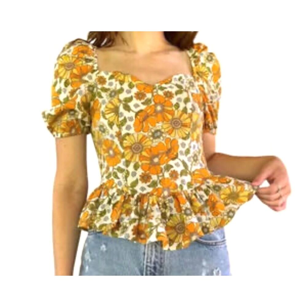 Milk & Honey Retro 70's style Floral Corset Flouncy Peplum Ruffle Hem Top M